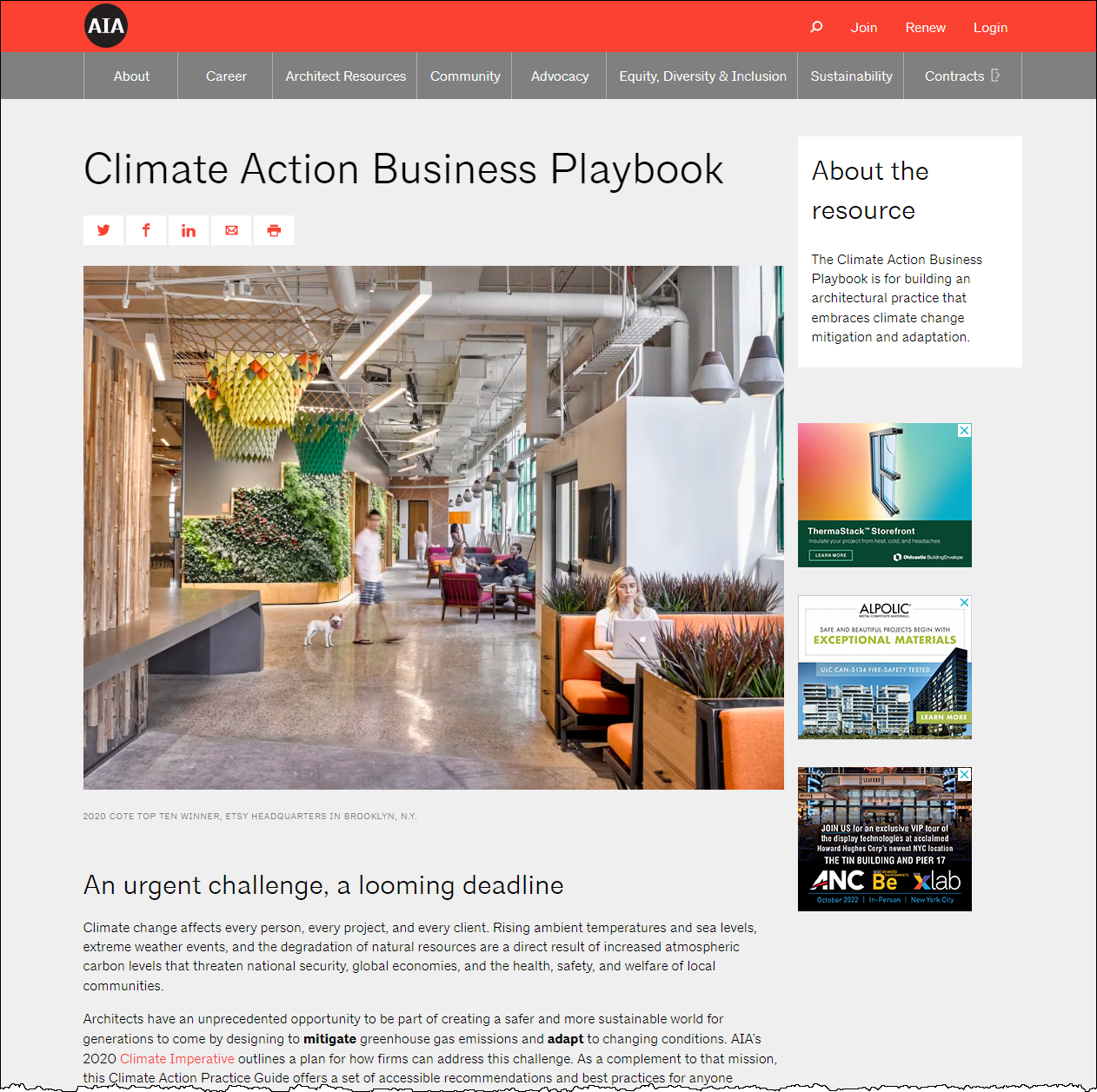 Screen capture of AIA website showing the new AIA Climate Action Business Playbook landing page