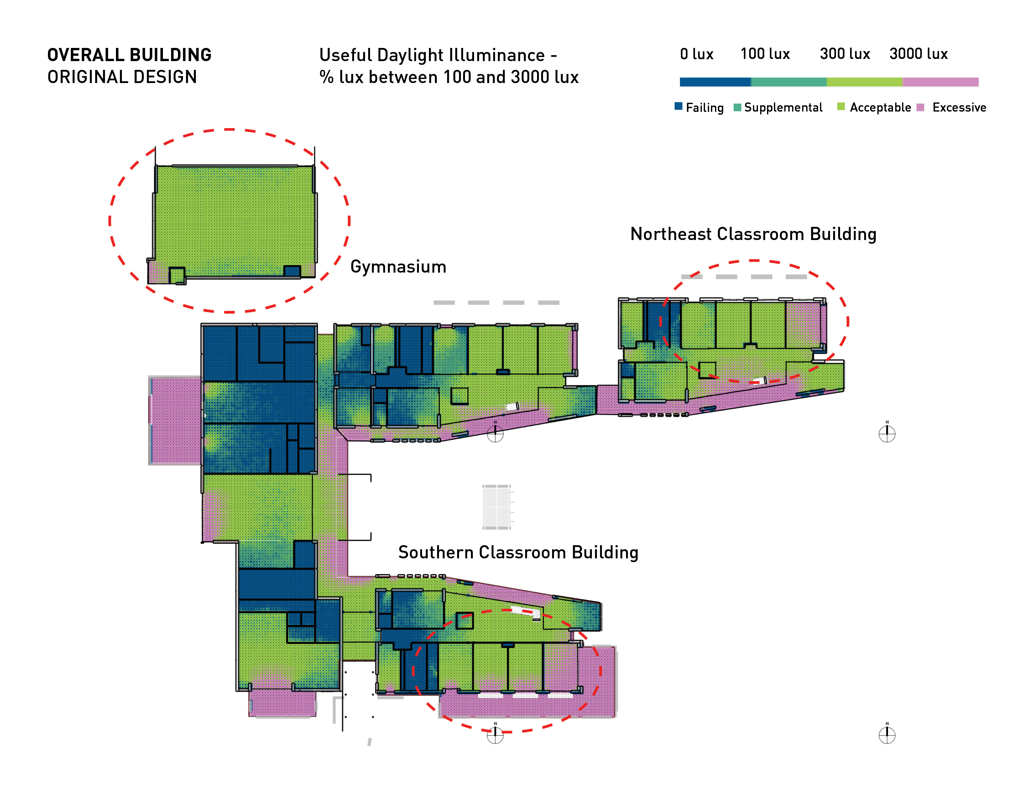 UDI Heat Map of the Alamogordo Middle School BEFORE design iterations using ClimateStudio. The spaces referred to in this blog are indicated in red.