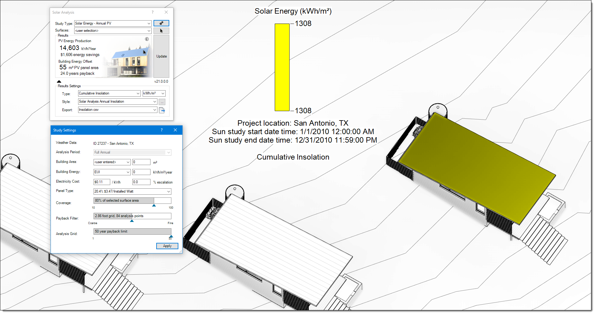 3D view of one building showing solar energy results