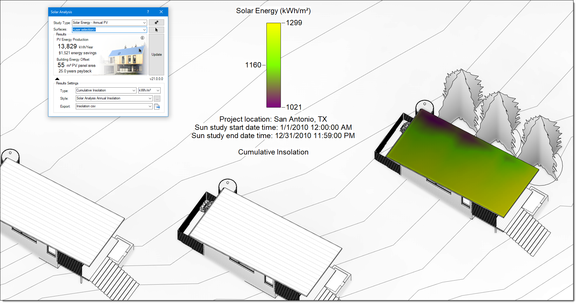 Results with trees added near building Solar analysis results with trees added near building