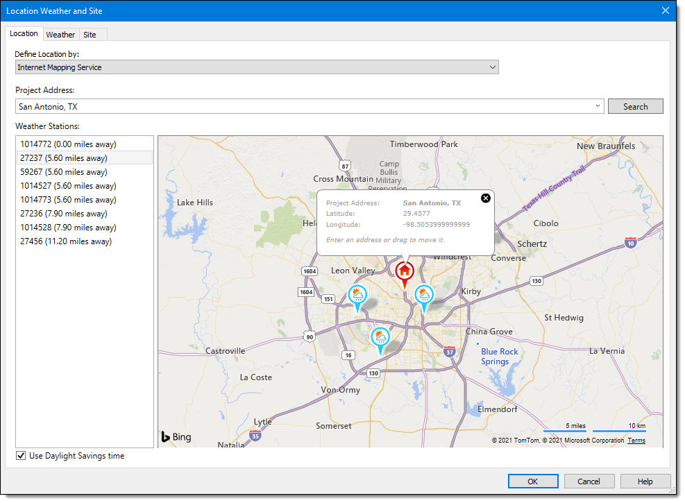 Software dialog showing site location and adjacent weather stations