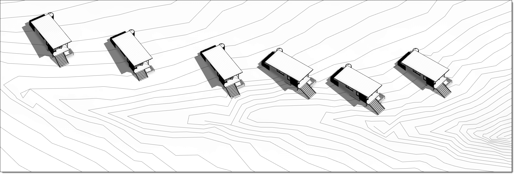 3D view of multiple small building on a site