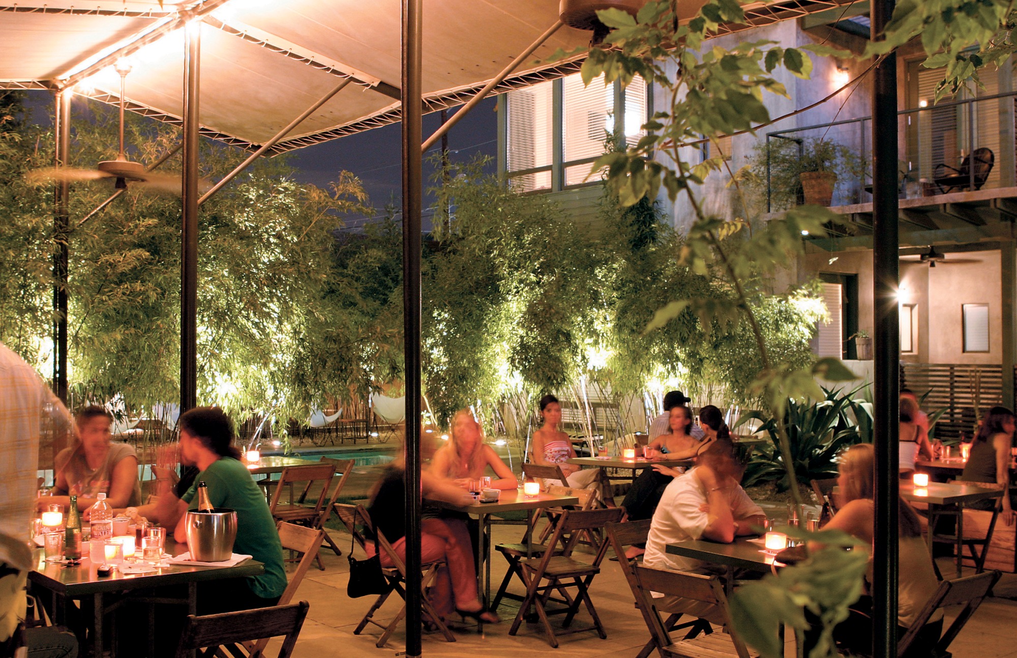 Shaded, landscaped courtyard for dining. 