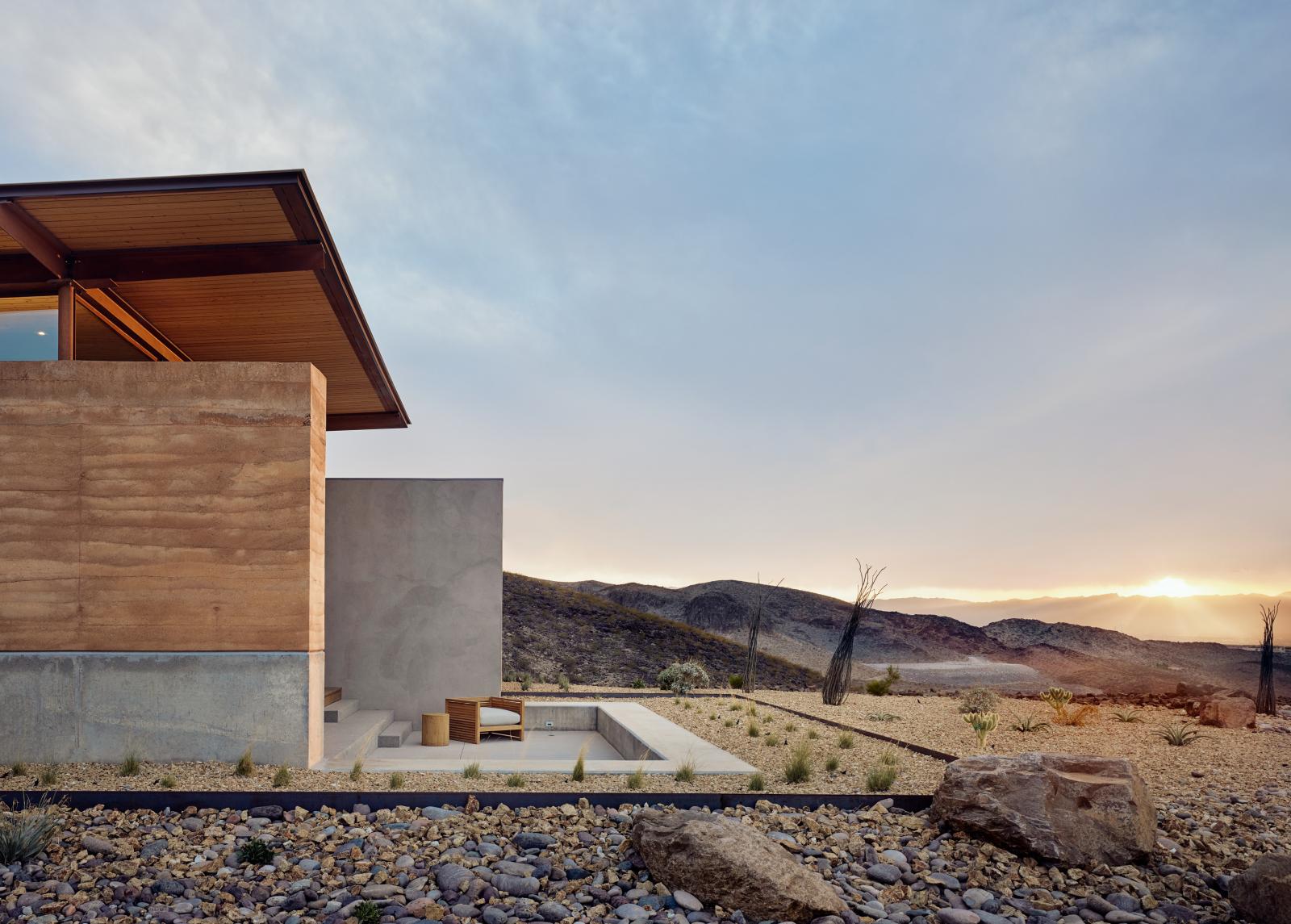Private courtyard with views to the desert The rammed earth textures, colors and materials blend seamlessly with the surrounding desert.