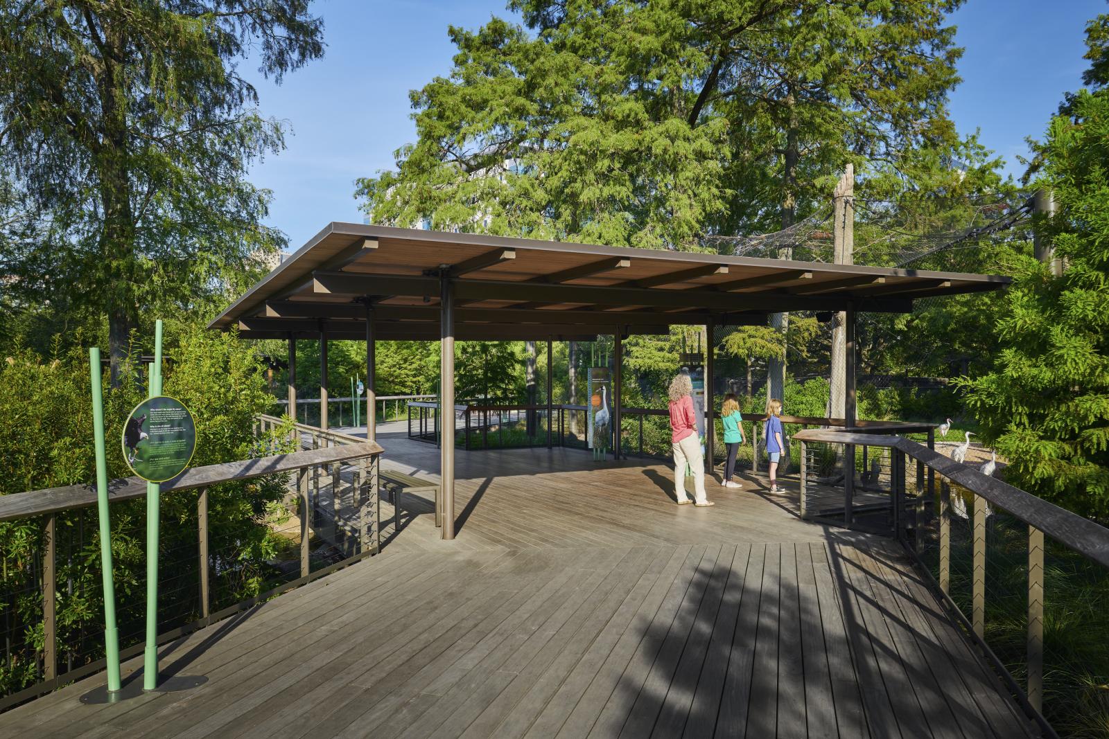 Crane exhibit in wetland area A redesigned front entrance, Cypress Circle Cafe sited along the Zoo’s new multi-species Texas Wetlands habitat creates a new iconic identity and positions the zoo as leaders in conservation and education. Green Restaurant Certified.