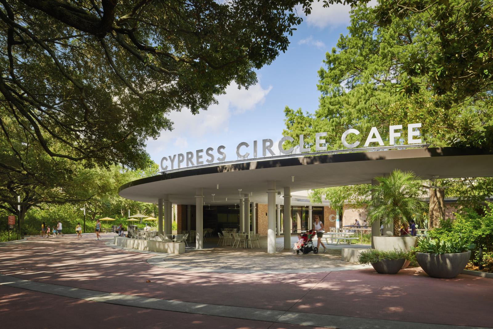 Redesigned Cafe entrance A redesigned front entrance, Cypress Circle Cafe sited along the Zoo’s new multi-species Texas Wetlands habitat creates a new iconic identity and positions the zoo as leaders in conservation and education. Green Restaurant Certified.