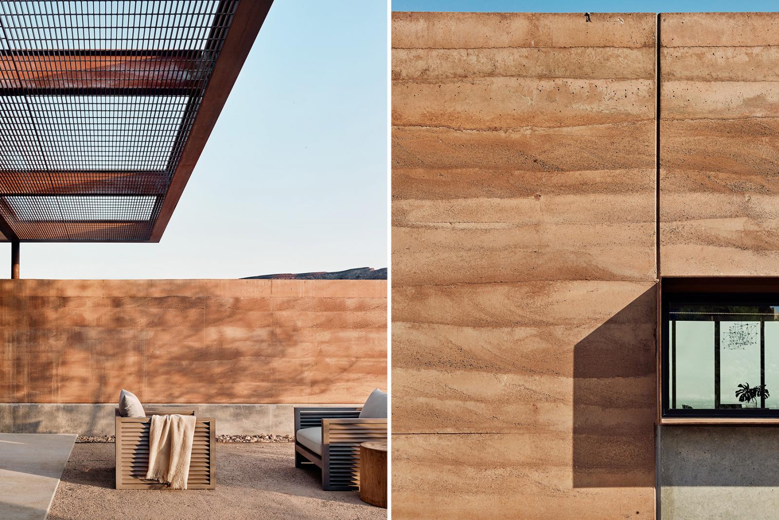 Rammed earth wall detail The 2-0” thick rammed earth walls are exposed on both sides and extend from the interior into the landscape, connecting indoor spaces to the patios and courtyard