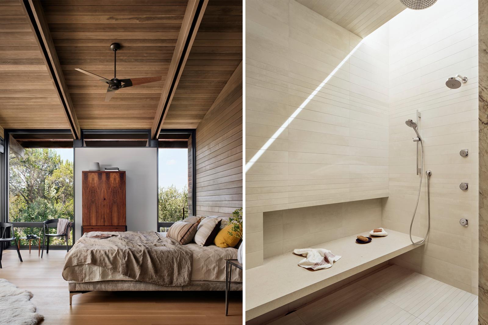 Interior view of master bedroom and walk in shower The dry-stacked limestone walls course in and out of the structures and meld with the colors and textures of the native limestone