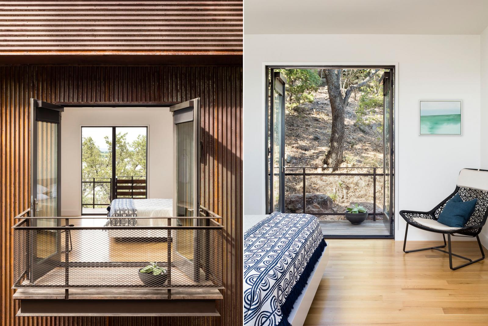 Interior and exterior bedroom views Smaller punched openings in the south-facing wall give deliberate glimpses of the rugged beauty of the hillside behind. Further emphasizing the unique site’s juxtaposed landforms —water and rugged hillside