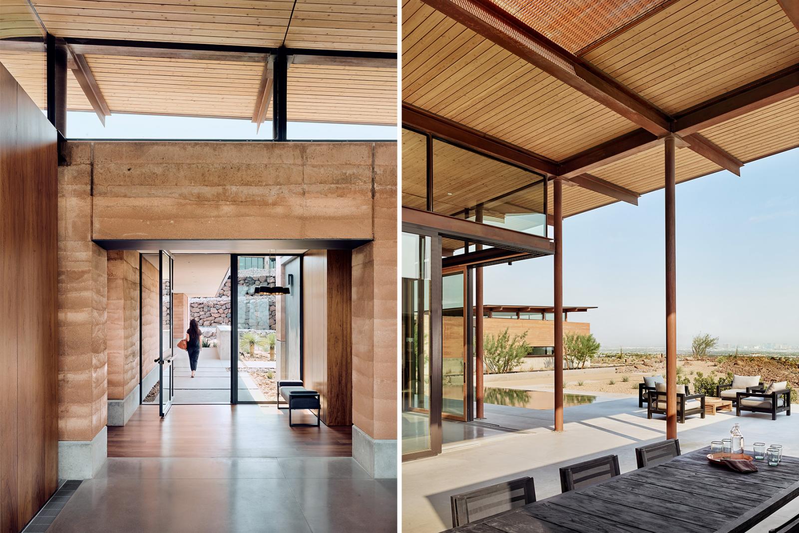 The home’s textures, colors and materials blend seamlessly with the surrounding desert. The home’s textures, colors and materials blend seamlessly with the surrounding desert.