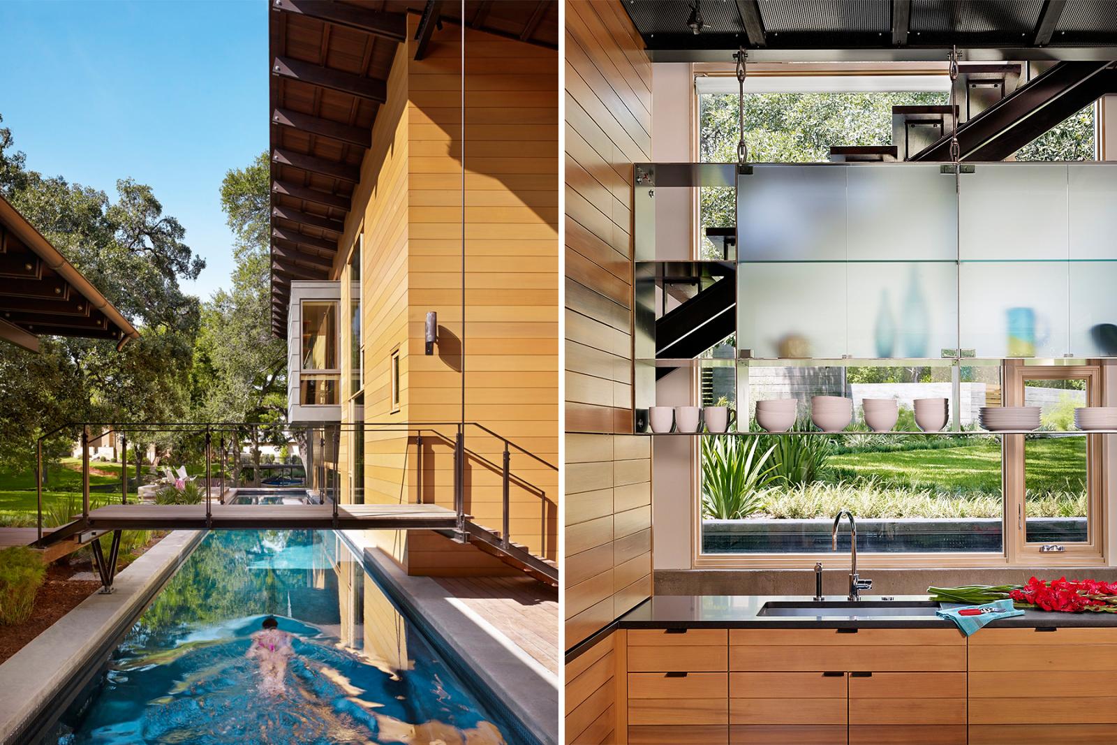 Image of the 75 foot lap pool and view from kitchen looking through the metal and glass shelves out to the pool